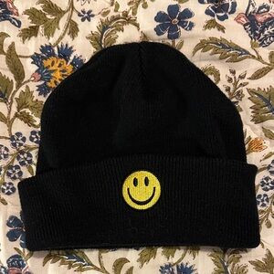 Black Beanie with Yellow Smiley Face